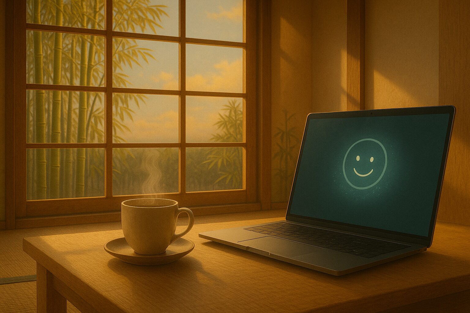 朝のコーヒーとAIとの対話を表す静謐な風景