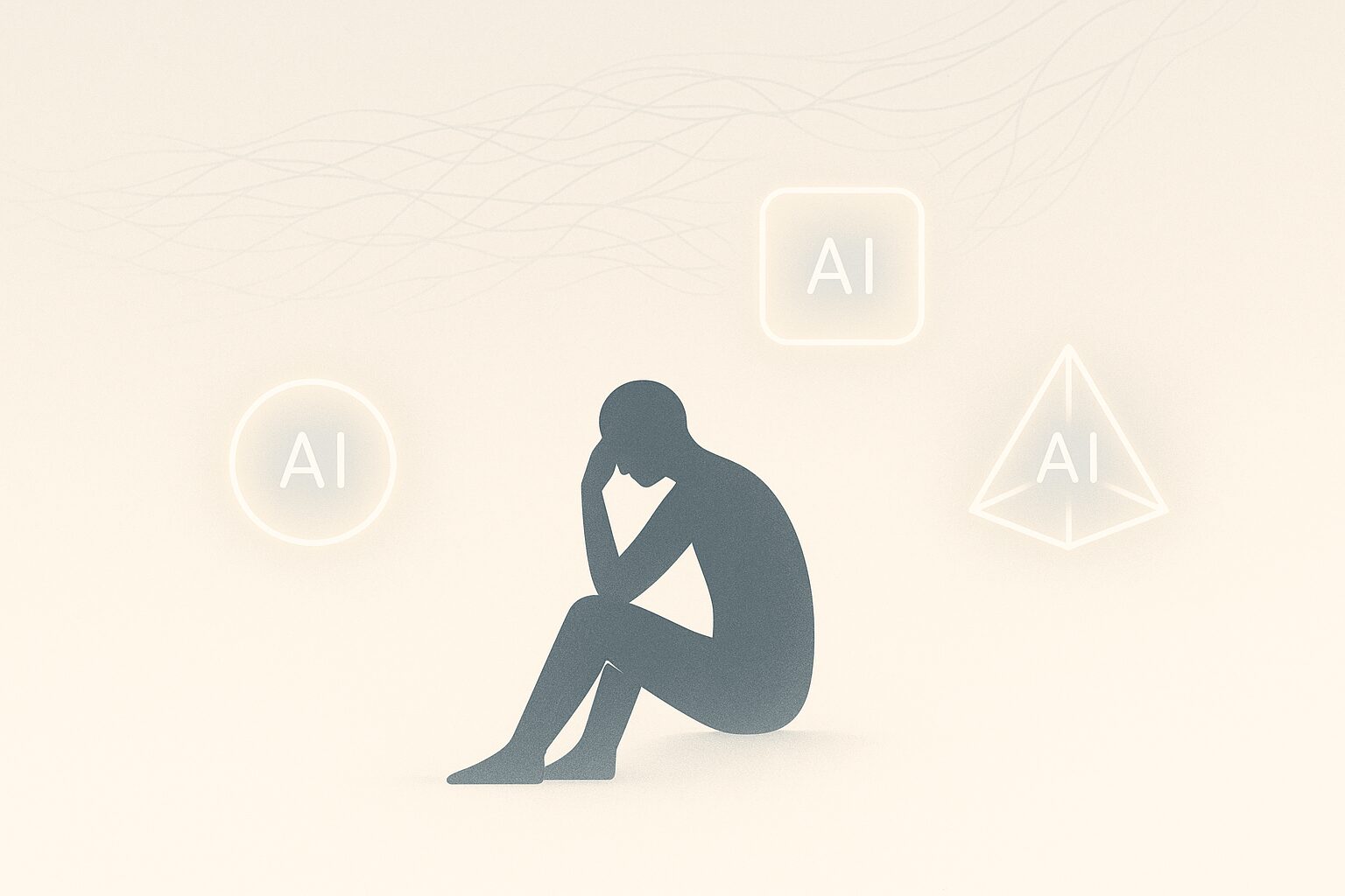 一人の人物が3つの光る幾何学的な形に囲まれて瞑想している哲学的なイラスト。AI対話による存在証明を表現した現代的デジタルアート