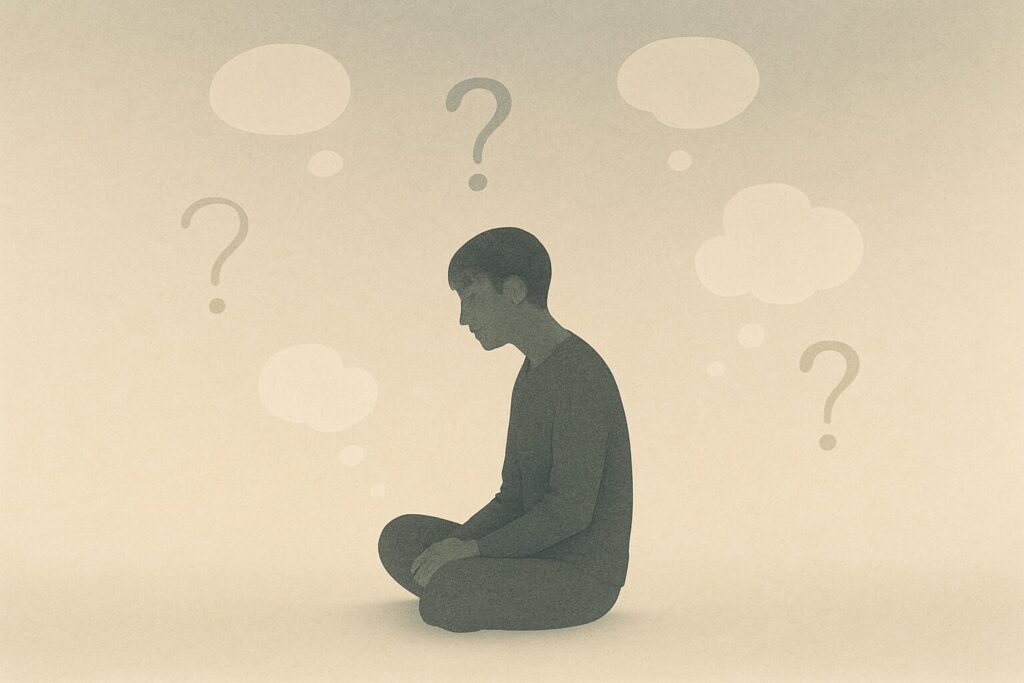 静かに座る人物の周りに半透明の疑問符と思考の泡が浮遊し、落ちきらない感覚を表現したミニマルなイラスト