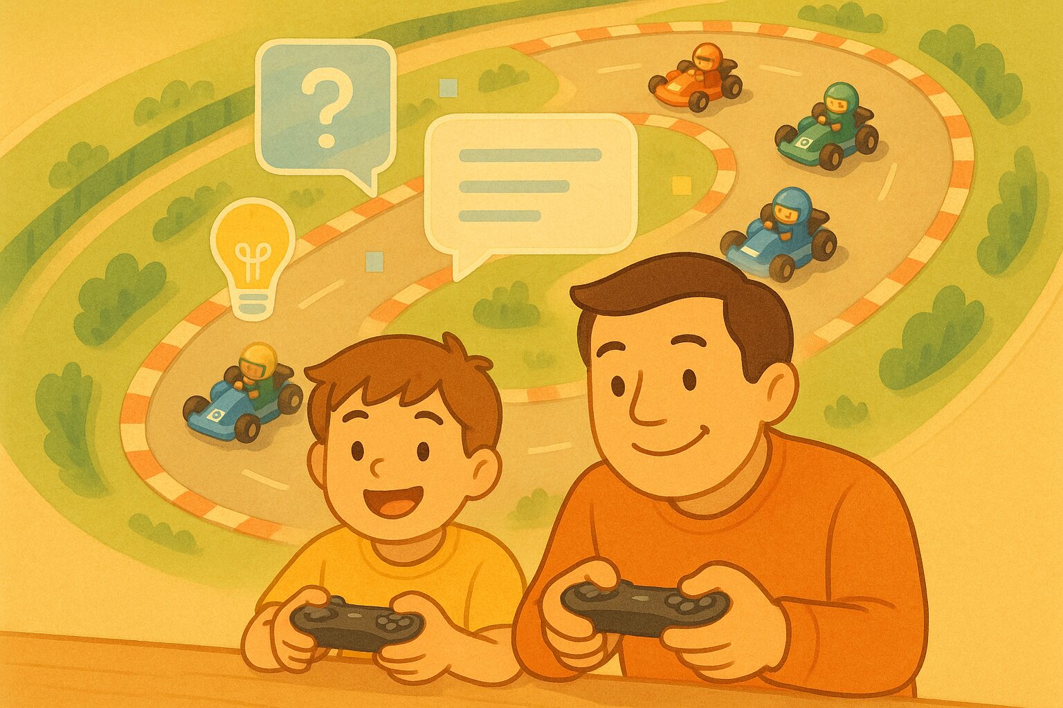 マリオカート風のレーシングコースを俯瞰で見下ろす中、子供と大人がコントローラーを持ってゲームを楽しんでいる。周囲にはAIを表現する吹き出しや電球アイコンが浮かび、温かみのあるイラストタッチで描かれた教育的なイメージ