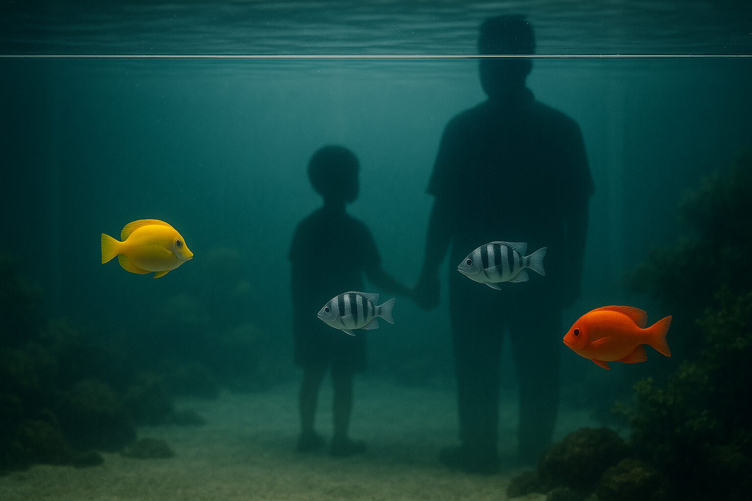 水族館の水槽ガラスに映る親子と熱帯魚の二重像による水面美学の表現