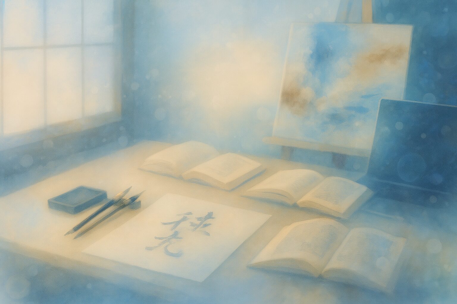 書道用具と抽象画、哲学書、ノートパソコンが調和する思索空間。余白の美学を体現した静謐な書斎の風景