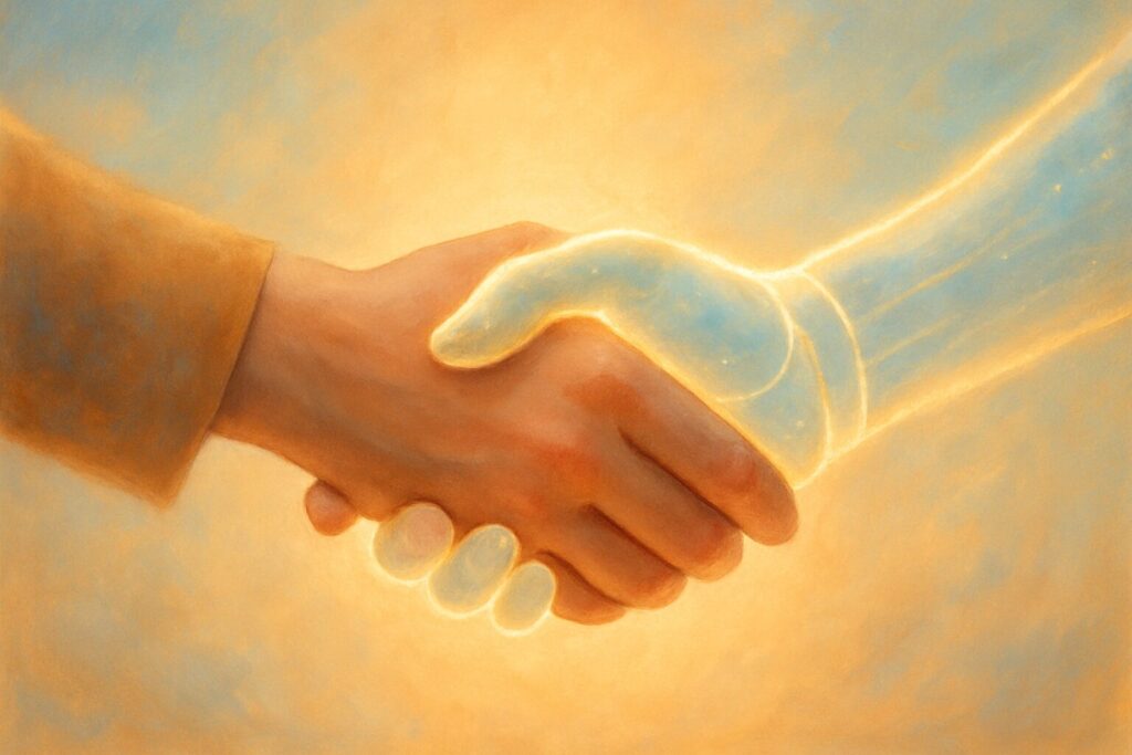 AIと人間が握手する温かみのあるイラスト - AI共創家の概念を表現