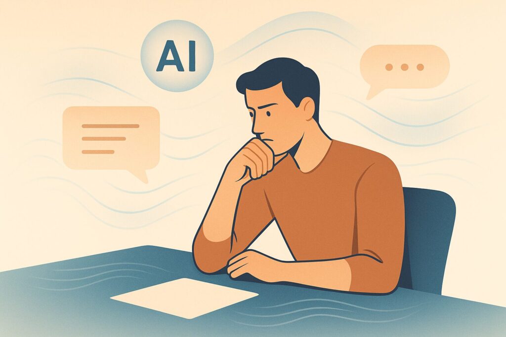 AI共創リテラシーを表現したイラスト：人間とAIの協働による思考の深化のイメージ