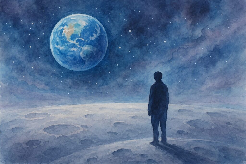 水彩画風の月面から地球を眺める人物の幻想的なイラスト