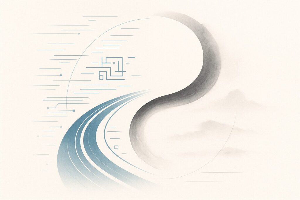 AIとの共創における加速パラダイムと余白パラダイムの調和を表現した概念図