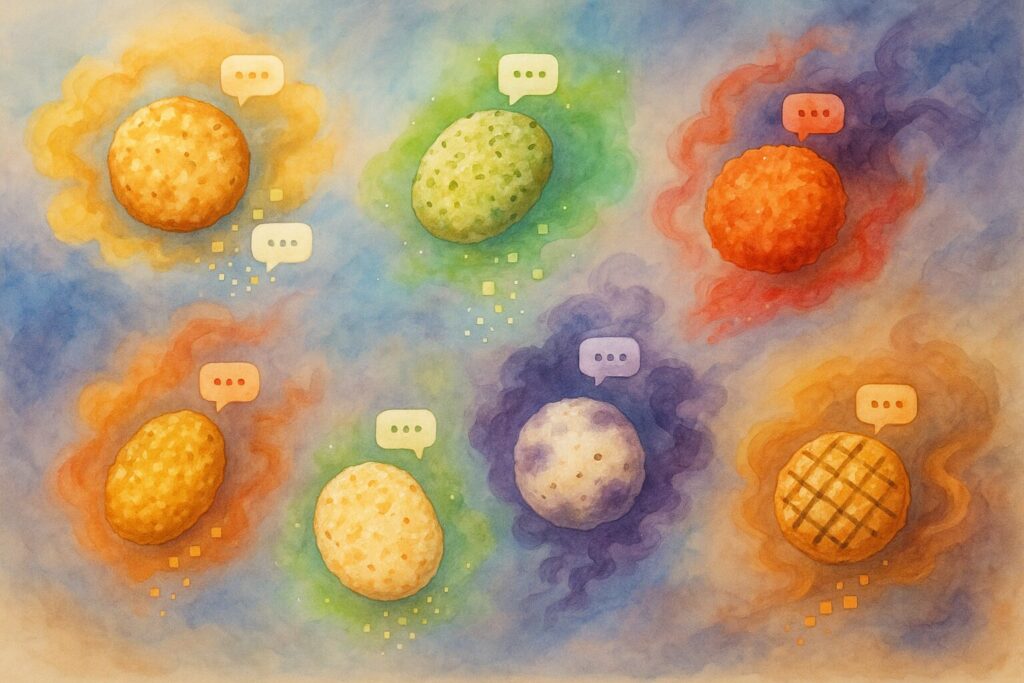 水彩画で描かれた7種類のせんべいとAIプロンプトの風味を表現した抽象的で幻想的なイラスト