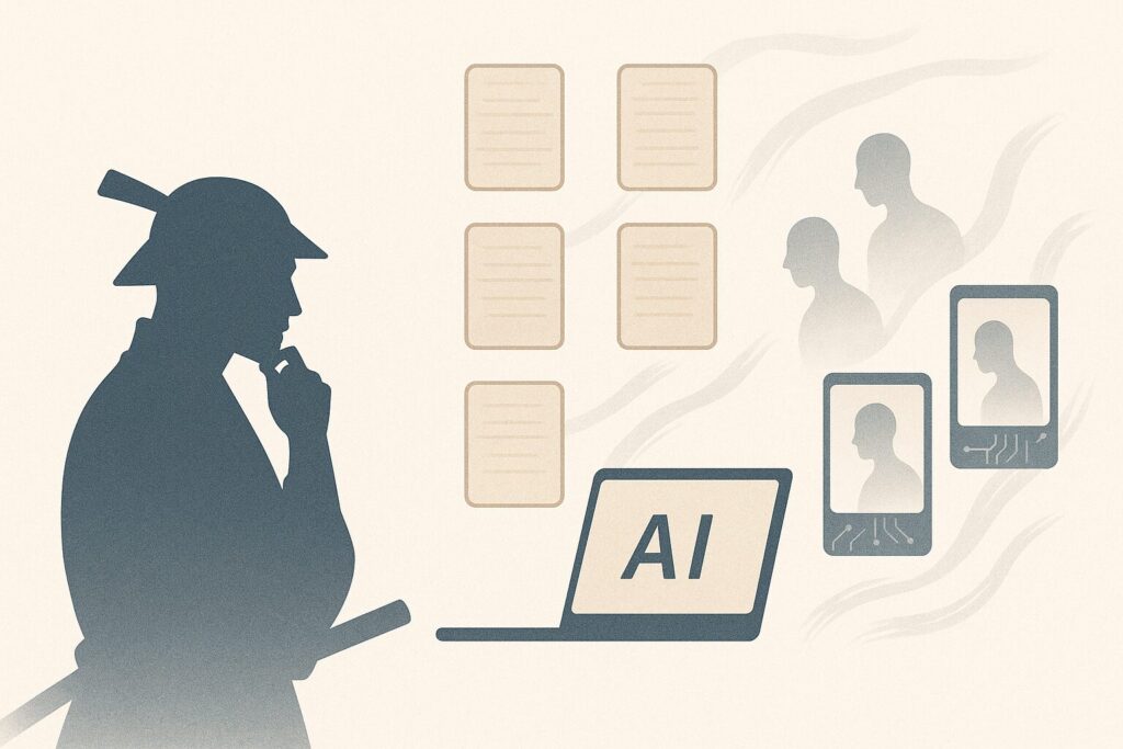 AIの影武者回答を見抜く6つの心得を表現した和風イラスト