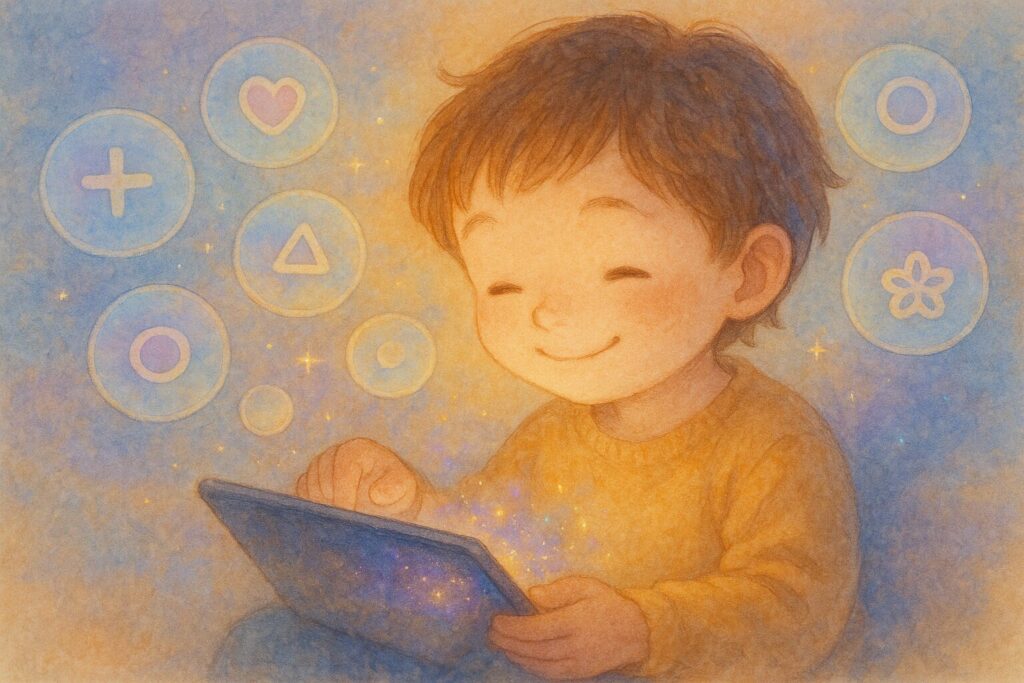 子供がタブレットでAIと創造的に交流している温かく幻想的なイラスト