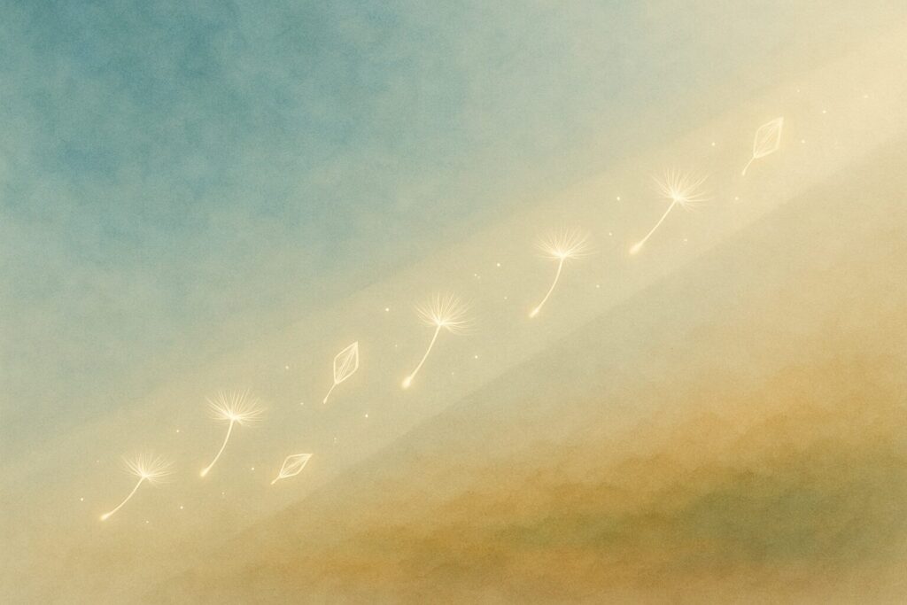 余白という通路を通って降りてくるアイデアの種を描いた幻想的なイラスト