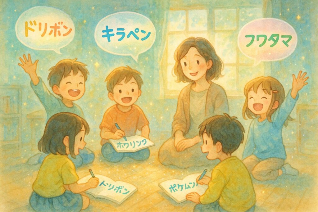 子供たちとAIが一緒に新しい言葉を創造している幻想的な教室風景