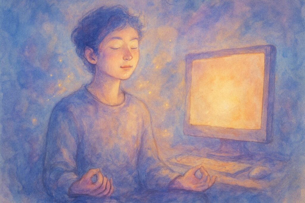 パソコンの前で瞑想する人のイラスト - 余白と余裕の違いを表現