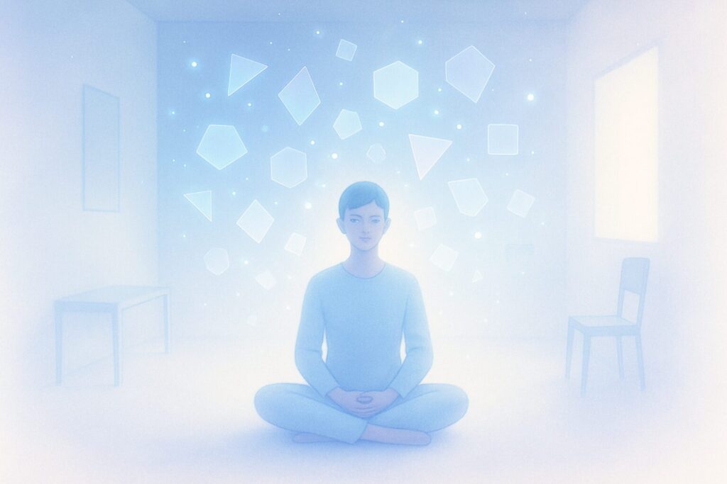 ミニマリズムと認知的余白のイラスト - 瞑想する人と浮遊する光の粒子
