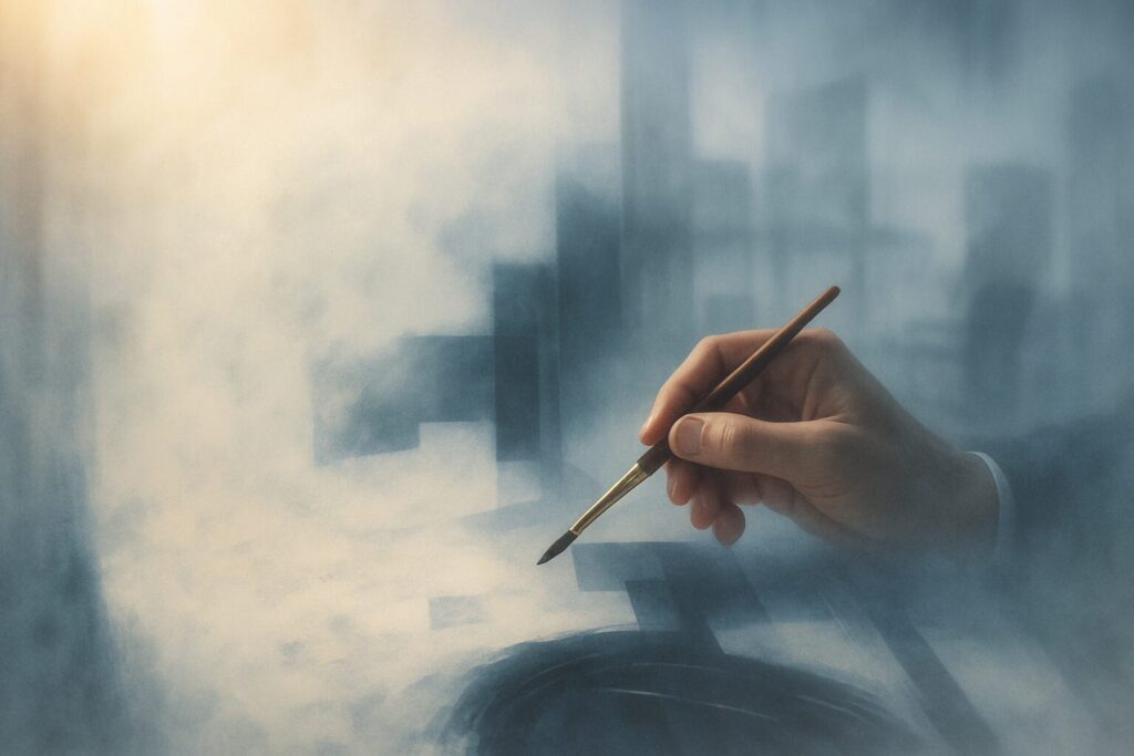 抽象画制作の最後の一筆を加える瞬間、ビジネスと芸術が交差する示唆的タンジブルな場面