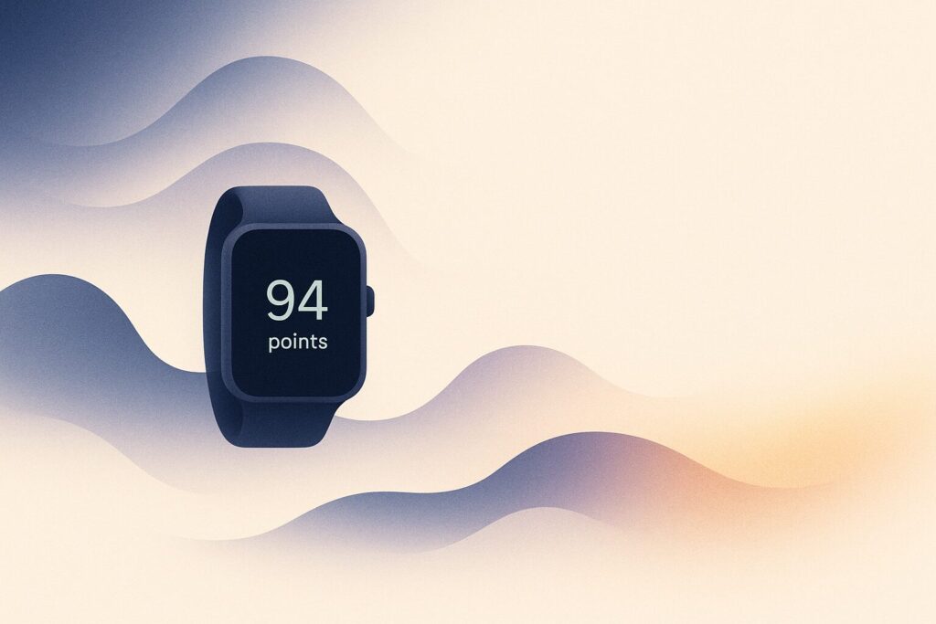 スマートウォッチの睡眠スコア表示と数値では測れない感覚の余白を表現したミニマルなイラスト